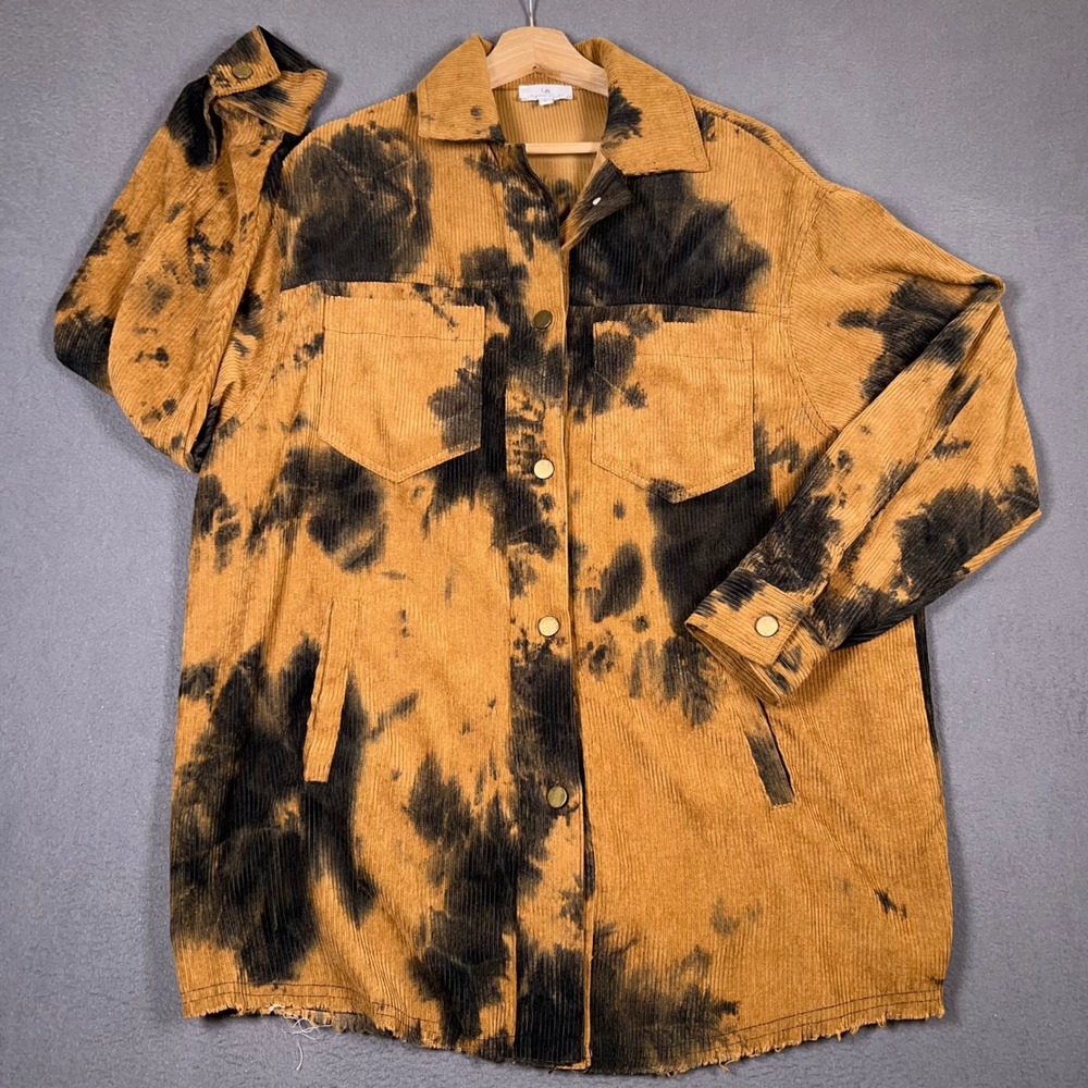 Urban Daizy Shacket Women Brown Black Tie Dye Corduroy Oversized Raw Hem Jacket
